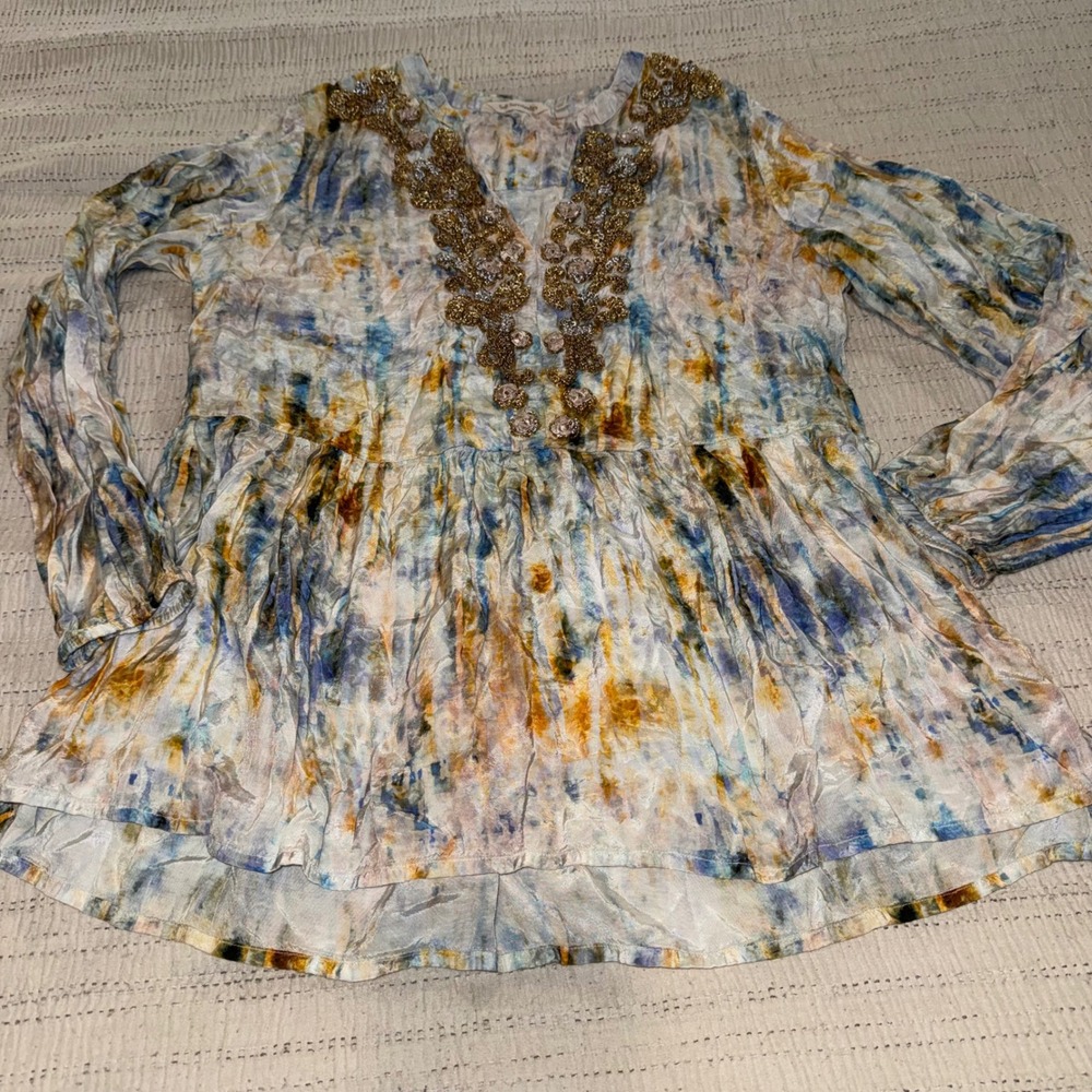 Soft Surroundings Tunic Top Womens Boho Beaded Embroidered Watercolor Artsy Med